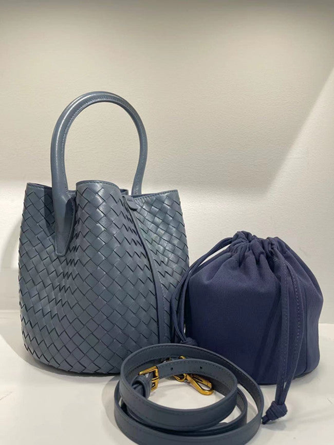 Women's Sheepskin Leather Handwoven Bucket Handbag