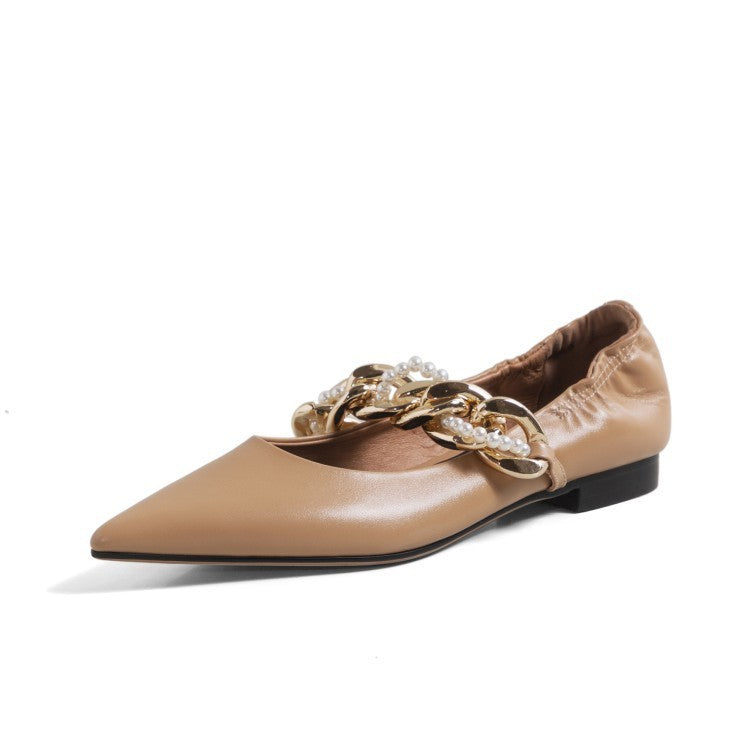 Mary Jane Women's Shoes With Pearl Beaded Chain And Pointed Toe