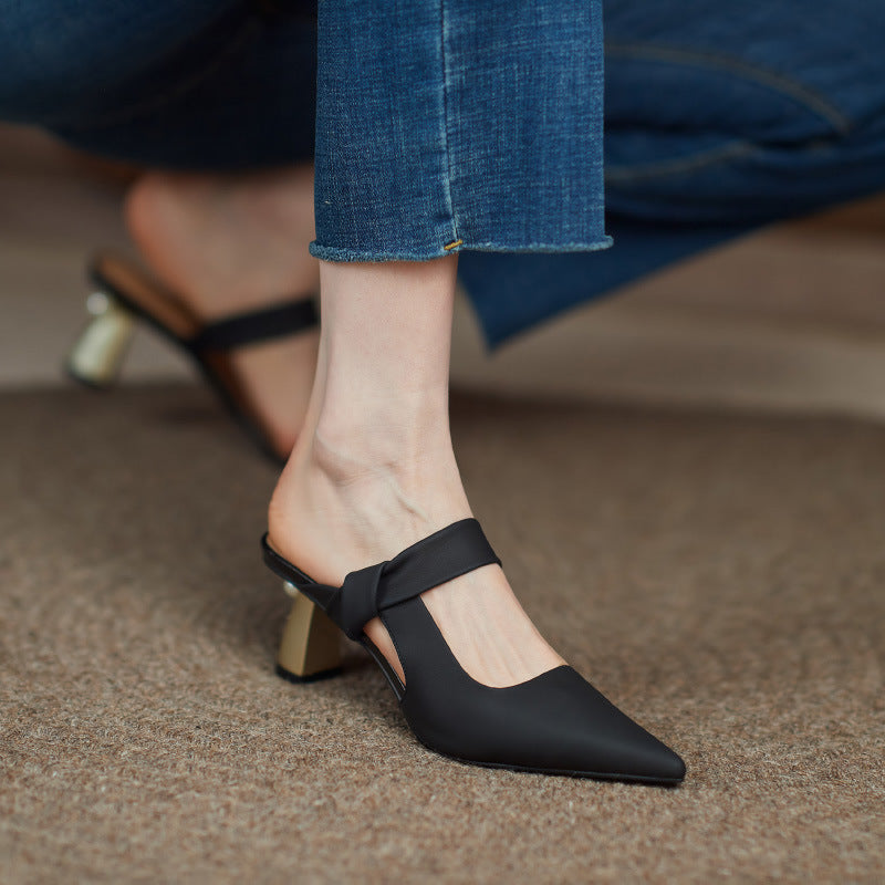 Ladies Sheepskin Leather Pointed-Toe High Heel Slippers – Soft, Comfortable Pumps