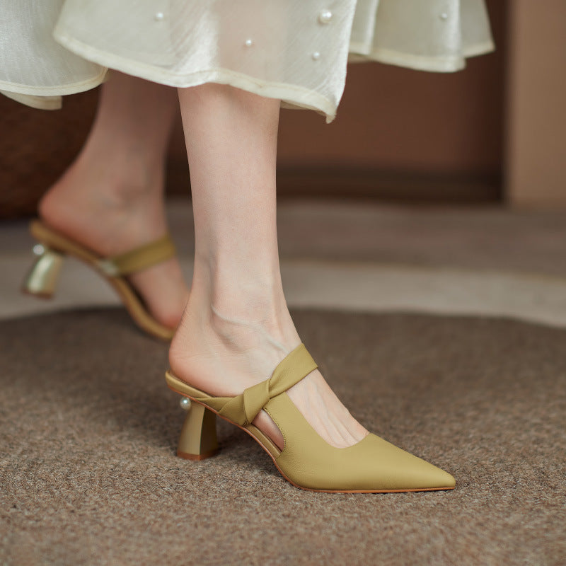 Ladies Sheepskin Leather Pointed-Toe High Heel Slippers – Soft, Comfortable Pumps