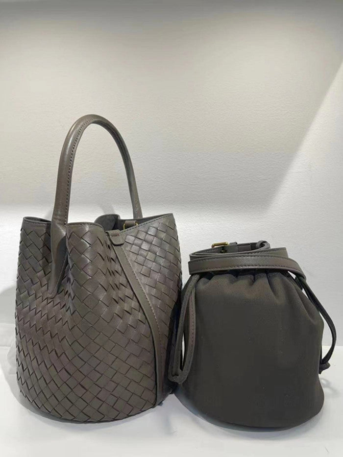 Women's Sheepskin Leather Handwoven Bucket Handbag