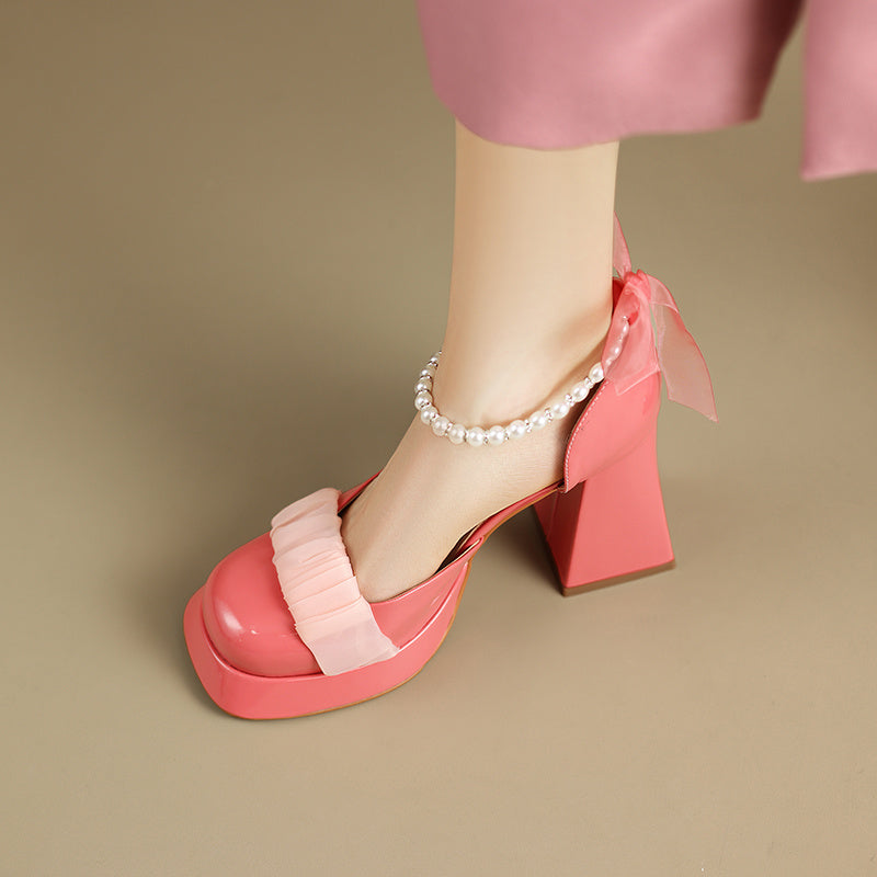 Ladies Baotou Thick Bottom Chunky Heel Mary Jane Real Leather Shoes