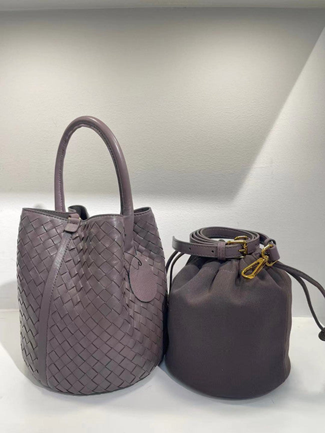 Women's Sheepskin Leather Handwoven Bucket Handbag
