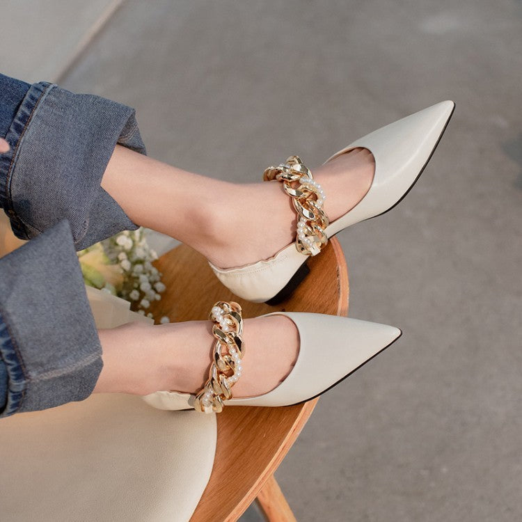 Mary Jane Women's Shoes With Pearl Beaded Chain And Pointed Toe