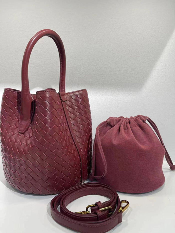 Women's Sheepskin Leather Handwoven Bucket Handbag