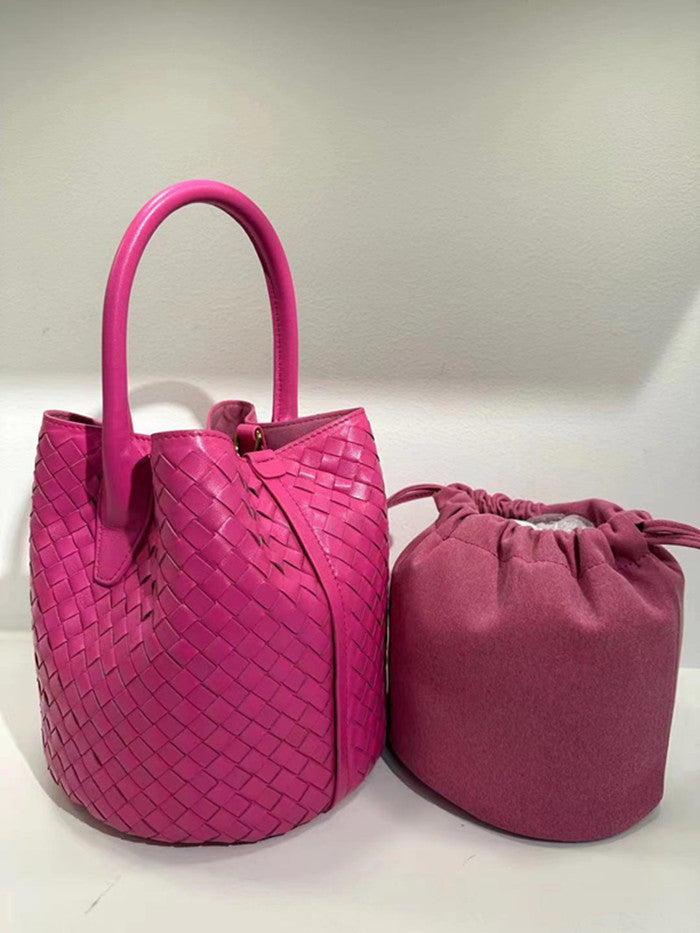 Women's Sheepskin Leather Handwoven Bucket Handbag