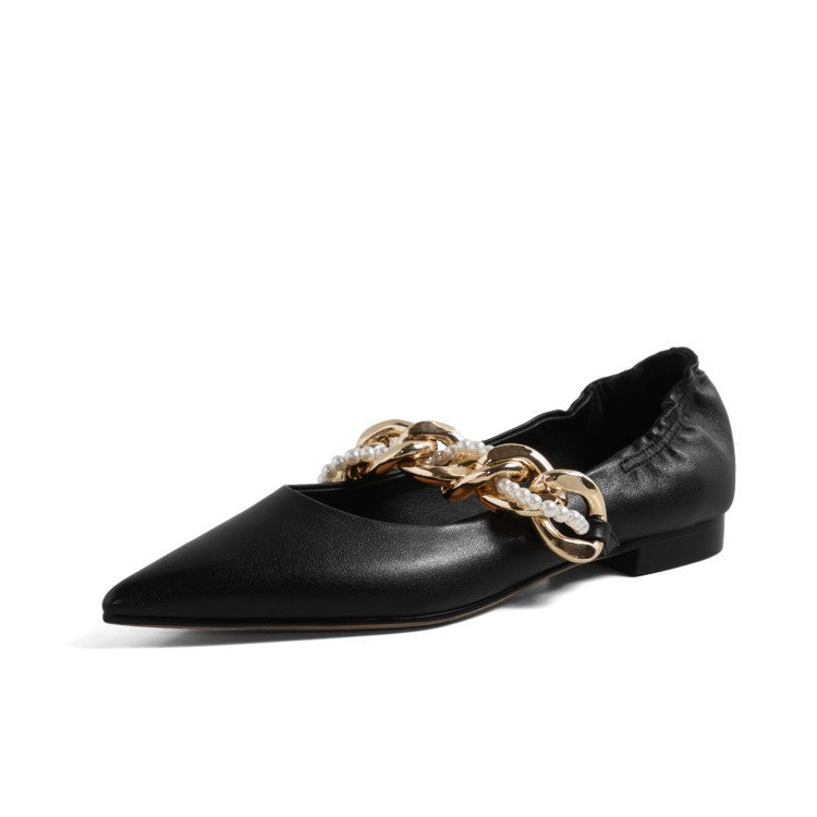 Mary Jane Women's Shoes With Pearl Beaded Chain And Pointed Toe