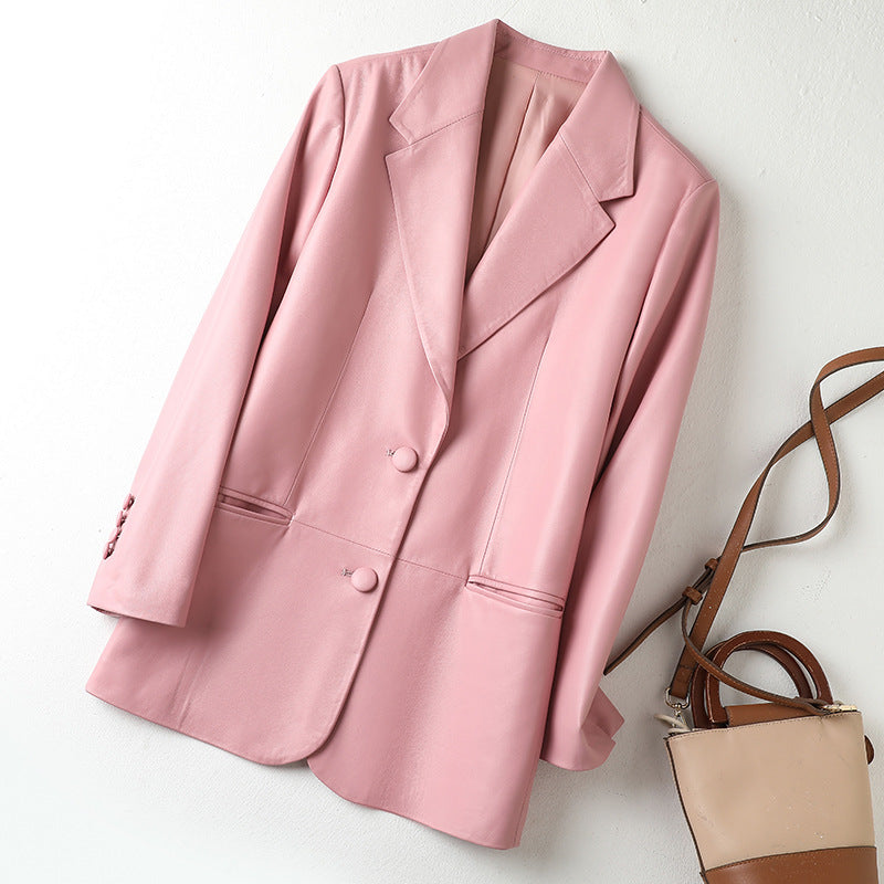 Praeco Artifex Women’s Sheepskin Leather Blazer – Single-Breasted Suit Jacket (Black, Pink | XS–L)