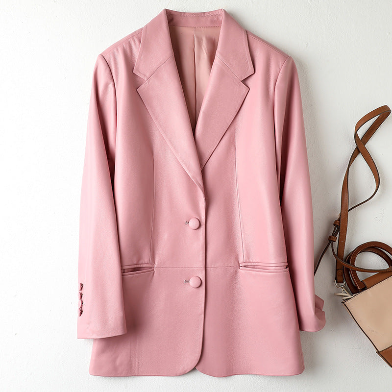 Praeco Artifex Women’s Sheepskin Leather Blazer – Single-Breasted Suit Jacket (Black, Pink | XS–L)