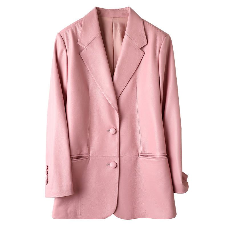 Praeco Artifex Women’s Sheepskin Leather Blazer – Single-Breasted Suit Jacket (Black, Pink | XS–L)
