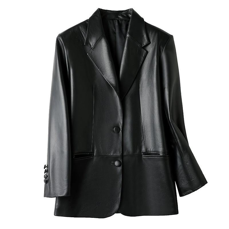 Praeco Artifex Women’s Sheepskin Leather Blazer – Single-Breasted Suit Jacket (Black, Pink | XS–L)