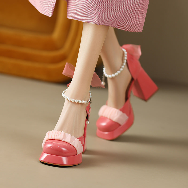 Ladies Baotou Thick Bottom Chunky Heel Mary Jane Real Leather Shoes