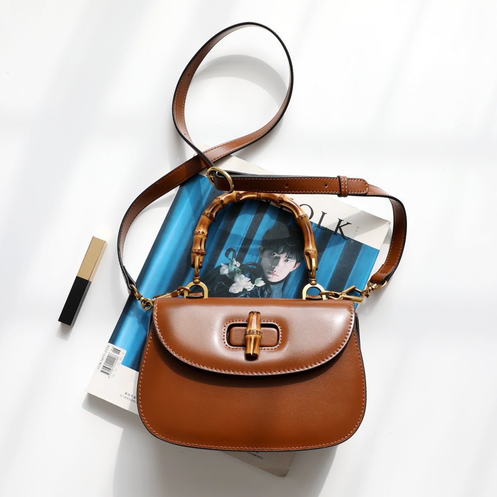 Retro Bamboo Saddle One Shoulder Slant Leather Handbag