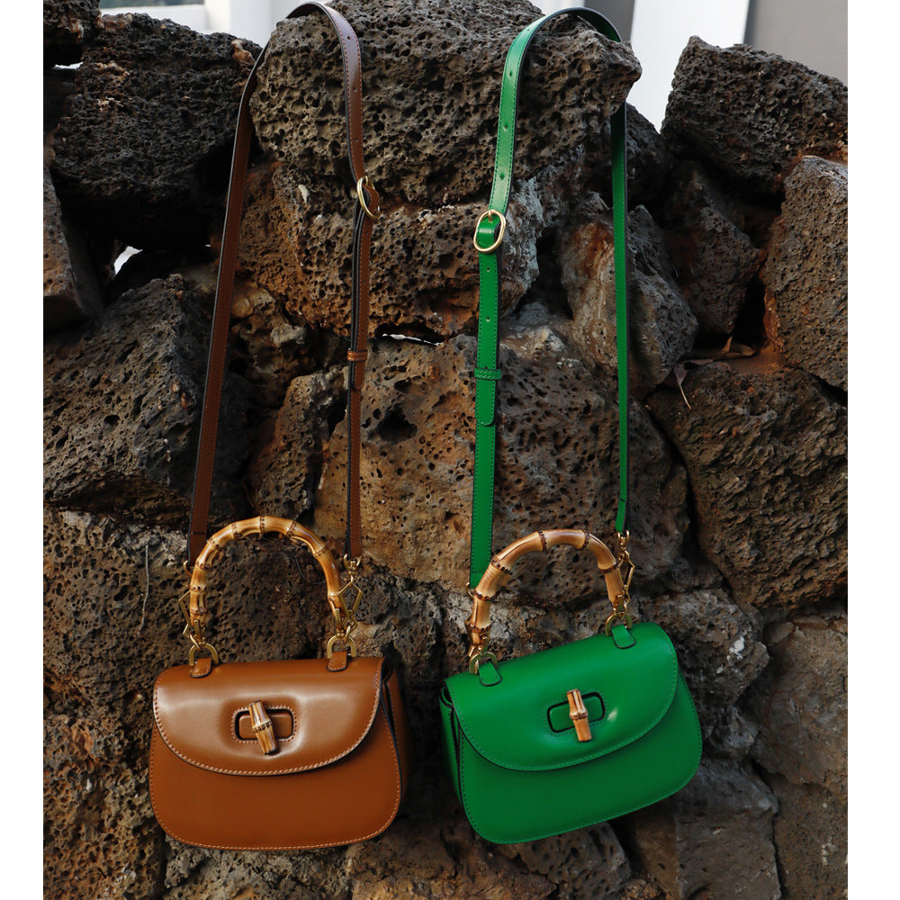 Retro Bamboo Saddle One Shoulder Slant Leather Handbag
