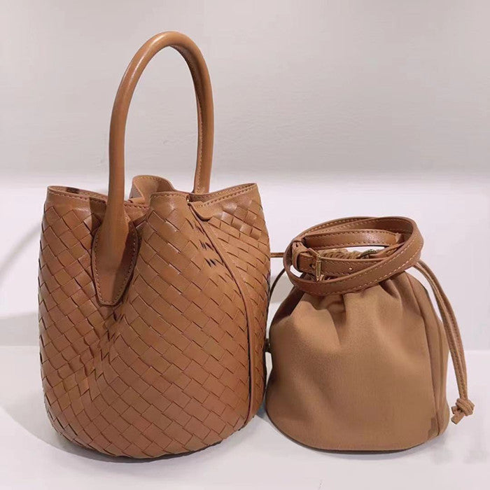 Women's Sheepskin Leather Handwoven Bucket Handbag