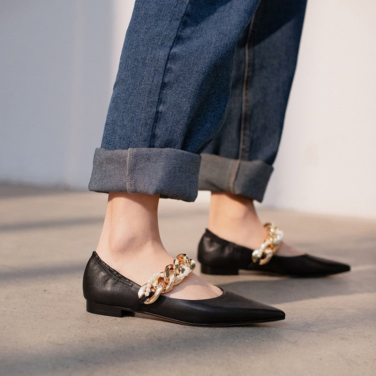 Mary Jane Women's Shoes With Pearl Beaded Chain And Pointed Toe