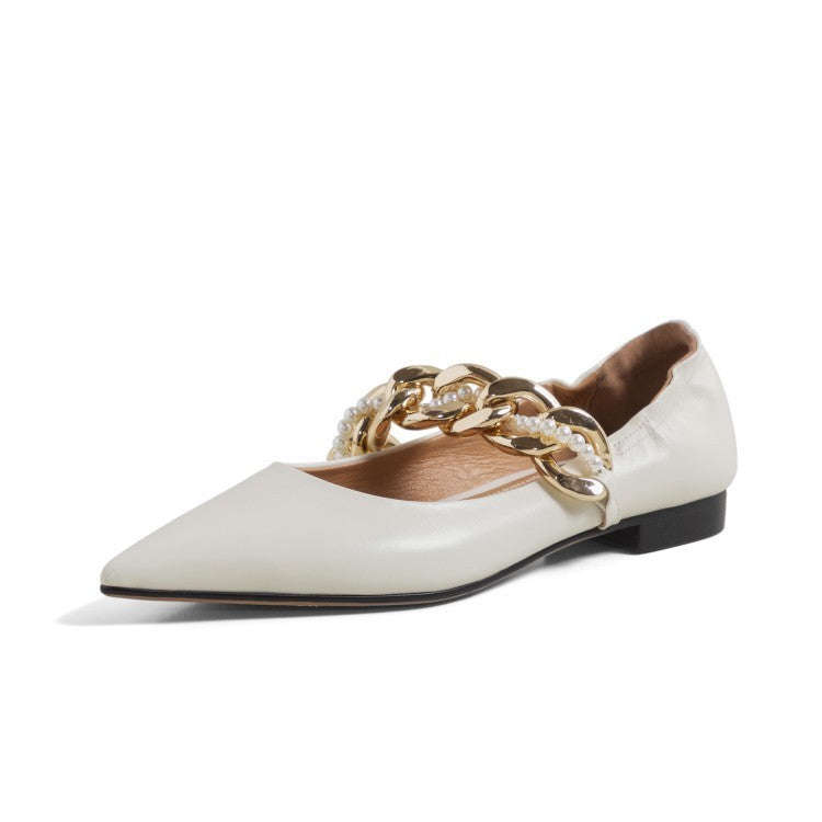 Mary Jane Women's Shoes With Pearl Beaded Chain And Pointed Toe
